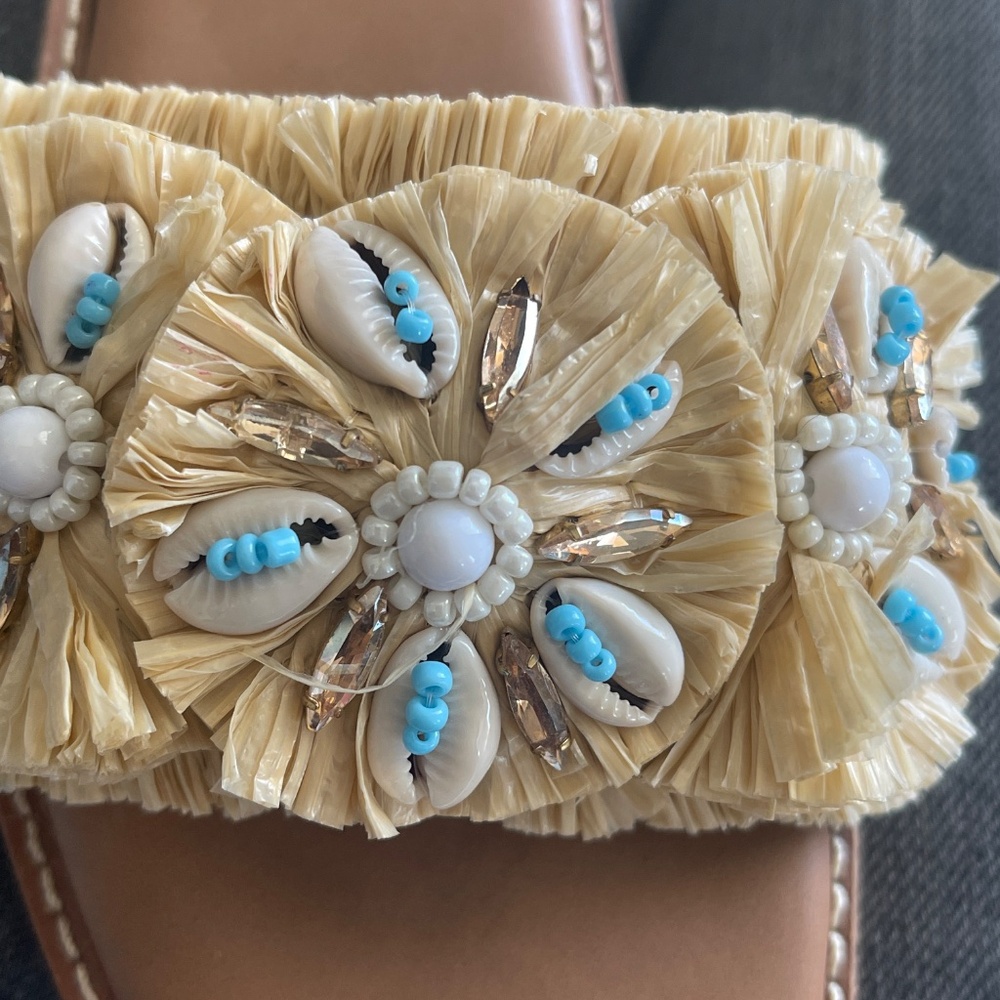 SOLD-Chico's Raffia and Seashell Slide Sandals Size 7.5 Gently Loved - Picture 5 of 5